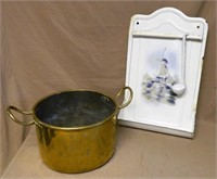 Brass Pot and Enamelware Utensil Holder.