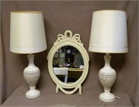 Plaster Cast Lamps and Ribbon Framed Mirror.