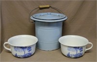 Enamelware and Palissy Porcelain Chamber Pots.