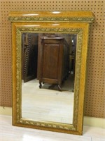Gilt Acanthus Trimmed Oak Beveled Mirror.
