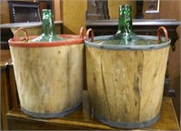 European Green Glass Carboys in Carrying Baskets.
