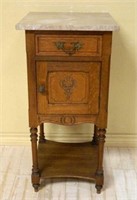Shell Carved Marble Top Oak Side Cabinet.