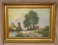 Landscape with Windmill Oil on Board, Signed.
