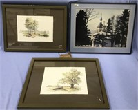 Lot of 3 framed pictures: watercolor of tree, phot