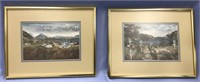 Lot of 2 pictures: watercolor of Alaskan village w