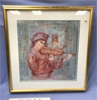 Watercolor of flute player, double matted and fram