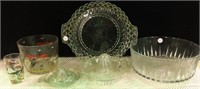 Two Clear Juicers, Bowl,  Glasses with Birds