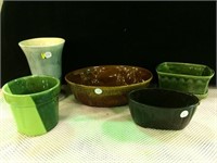 Four Planters & one vase. brown one Haeger 3929