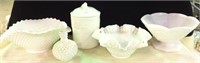 Three Milk Glass Bowls, Canister, & Perfume Bottle
