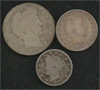 1905 Half Dollar, 1899 Quarter, 1897 "V" Nickel