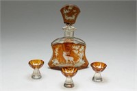 Art Deco Bohemian Cut & Colored Glass Decanter Set