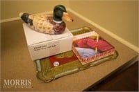 Tray with duck, crochet kit & corner basket