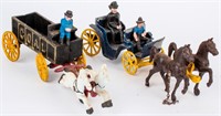 2 Vintage Cast Iron Toy Horses Carriage Coal Wagon
