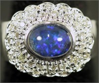STAMPED 14KT WHITE GOLD OPAL AND DIAMOND RING