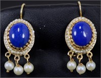 PAIR OF 14KT YELLOW GOLD LAPIS & PEARL EARRINGS