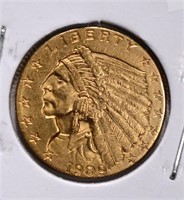 1909 $2 ½ GOLD INDIAN HEAD CH BU
