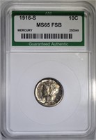 1916-S MERCURY DIME ANI GRADED GEM BU FSB