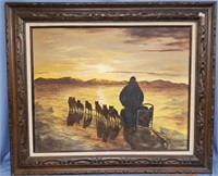 Original oil on canvas, by E. Weaver, dog team in