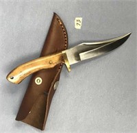 hunting knife with bone handle and leather sheath,