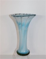 Vintage Hand Blown Milk Glass Blue Vase, Scallop