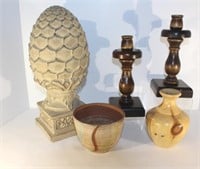 Artisan Burl Wood Vase, Candle Holders & Vase