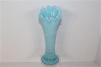 Hand Blown Milk Glass Blue Vase & Diamond Pattern