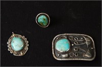 Navajo Silver turquoise buckle & signed NF pendant