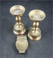 Solid Brass Owl Spoon Rest & Candle Sticks
