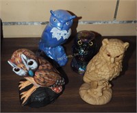 Solid Iridescent Glass Owl & 3 Reg Owls Lot