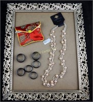 6 Hematite Rings & Genuine Pearl Necklace Lot