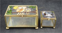 2 Owl Decorated Glass & Brass Trinket Boxes