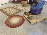 4 AREA RUGS, 6 TOTES WITH LIDS, 2 CHAIR CUSHIONS