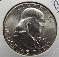 1957 Franklin 90% silver half dollar. BU,UNC.
