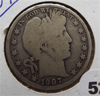 1907 Barber 90% silver half dollar.