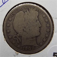 1908-D Barber 90% silver half dollar.
