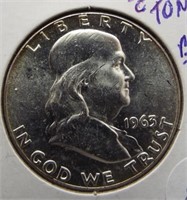1963 Franklin 90% silver half dollar. UNC, Toning