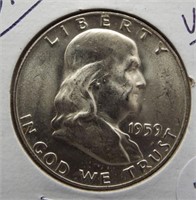 1959-D Franklin 90% silver half dollar. BU,UNC.