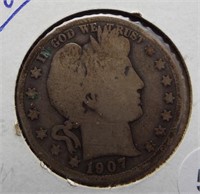 1907-D Barber 90% silver half dollar.