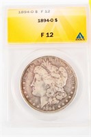 Coin 1894-O Morgan Silver Dollar ANACS F12