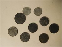 9 Belgian Francs Coins from World War II