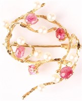 14KT YELLOW GOLD RUBY PEARL BROOCH