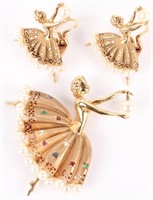 14K YELLOW GOLD BALLERINA BROOCH & EARRINGS