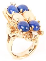 14KT YELLOW GOLD DIAMOND LAPIS & PINK CORAL RING