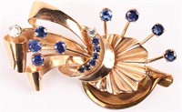 14K TWO TONE DIAMOND & SAPPHIRE ART DECO BROOCH