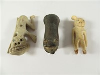 Pre Columbian 3 Figural Sculptures Bone & Stone