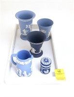 TRAY LOT OF BLUE WEDGWOOD INCL COVERED JAR