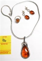 STERLING & AMBER NECKLACE RING & EARRINGS