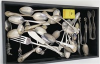 TRAY LOT OF STERLING SPOONS & TONGS