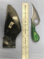 Knife, with leather sheath 7" long with green wood