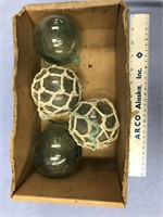 Lot of 4 old Japanese fish floats, 2 have nets, ba